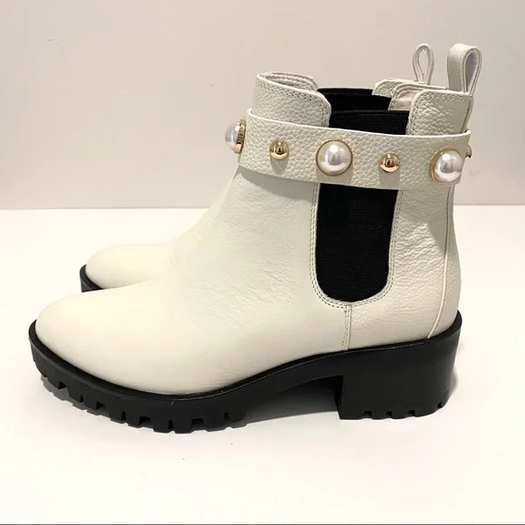 KARL LAGERFELD Pola Leather Off White Pearl Stud Ankle Strap Chelsea Booties NWT - Picture 7 of 16